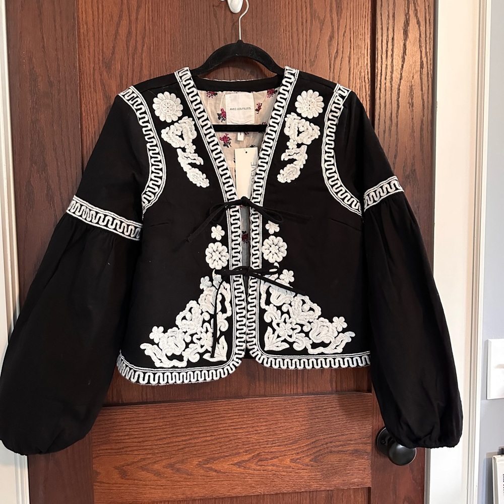 Avec Les Filles Black Jacket with White Embroidery and Pink Floral Lining